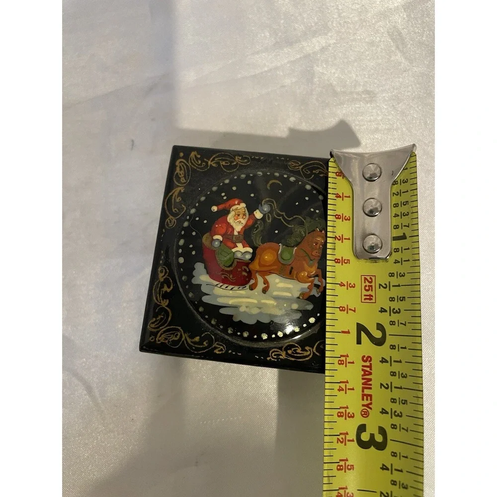 Vintage Black Lacquer Santa Claus Christmas Hand Painted Trinket Box